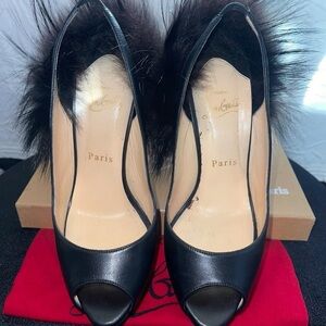 Christian Louboutin Black Fur Peep Toe Heels fox fur plum shoes